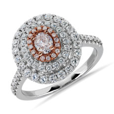 NEW Very Light Pink Oval-Cut Diamond and Triple Diamond Halo Ring in Platinum and 18k Rose Gold (1.01 ct. tw.)