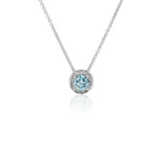 LIGHTBOX Collier avec pendentif halo orné d’un diamant rond bleu cultivé en laboratoire en or blanc 14 carats(1/2 carat, poids total)