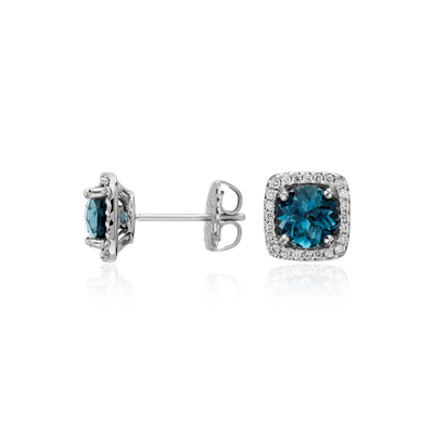 London Blue Topaz and Diamond Cushion Stud Earrings in 14k