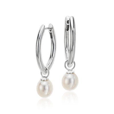 Marquise Freshwater Cultured Pearl Drop Hoop Earrings in Sterling Silver (7.5mm) | Blue Nile