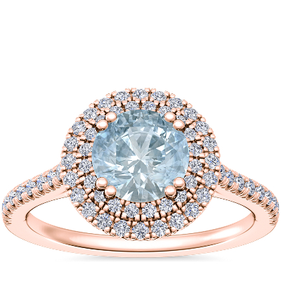 Micropave Double Halo Diamond Engagement Ring with Round Aquamarine in 14k Rose Gold (6.5mm)