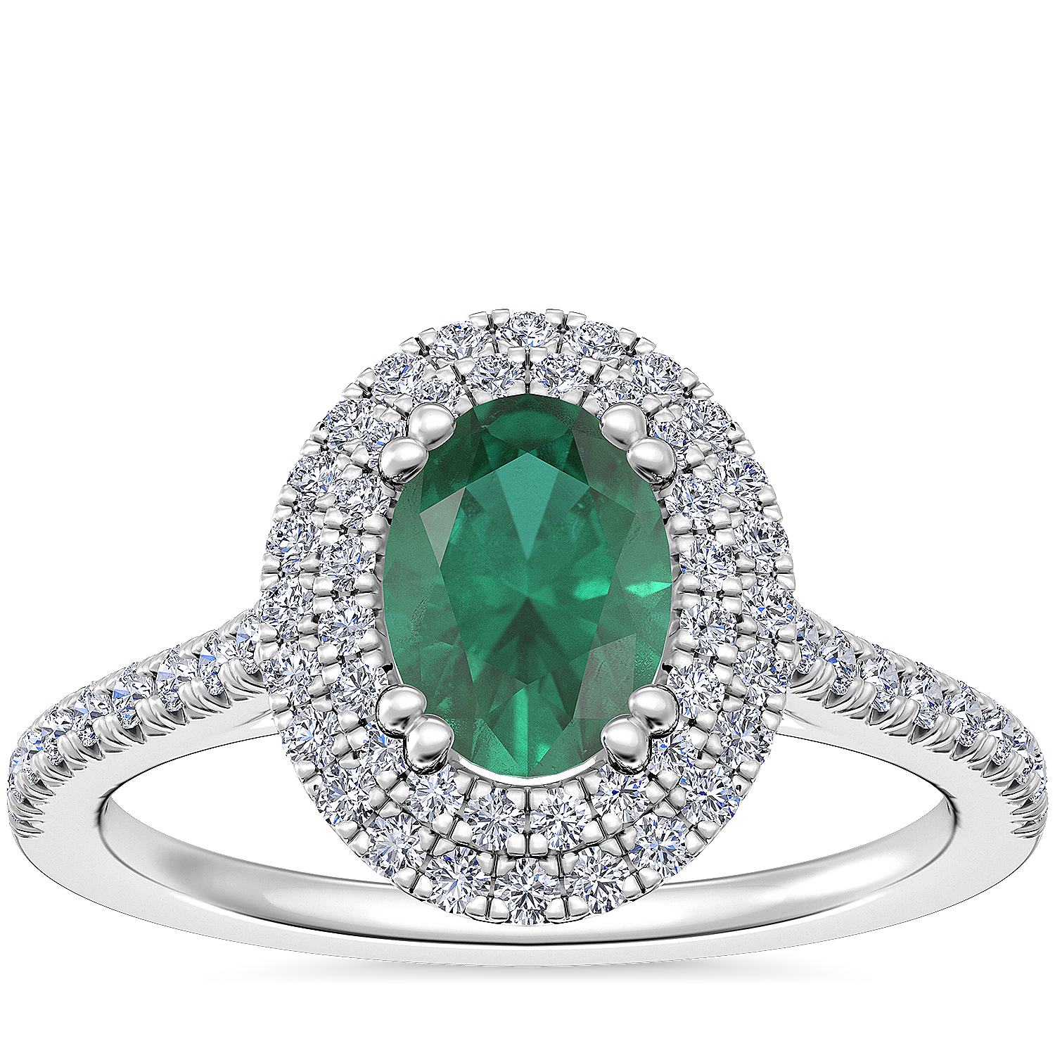 Micropave Double Halo Diamond Engagement Ring with Oval Emerald in 14k White Gold (7x5mm)