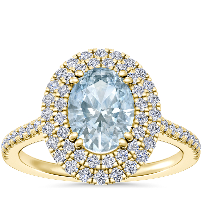 Micropavé Double Halo Diamond Engagement Ring with Oval Aquamarine in ...