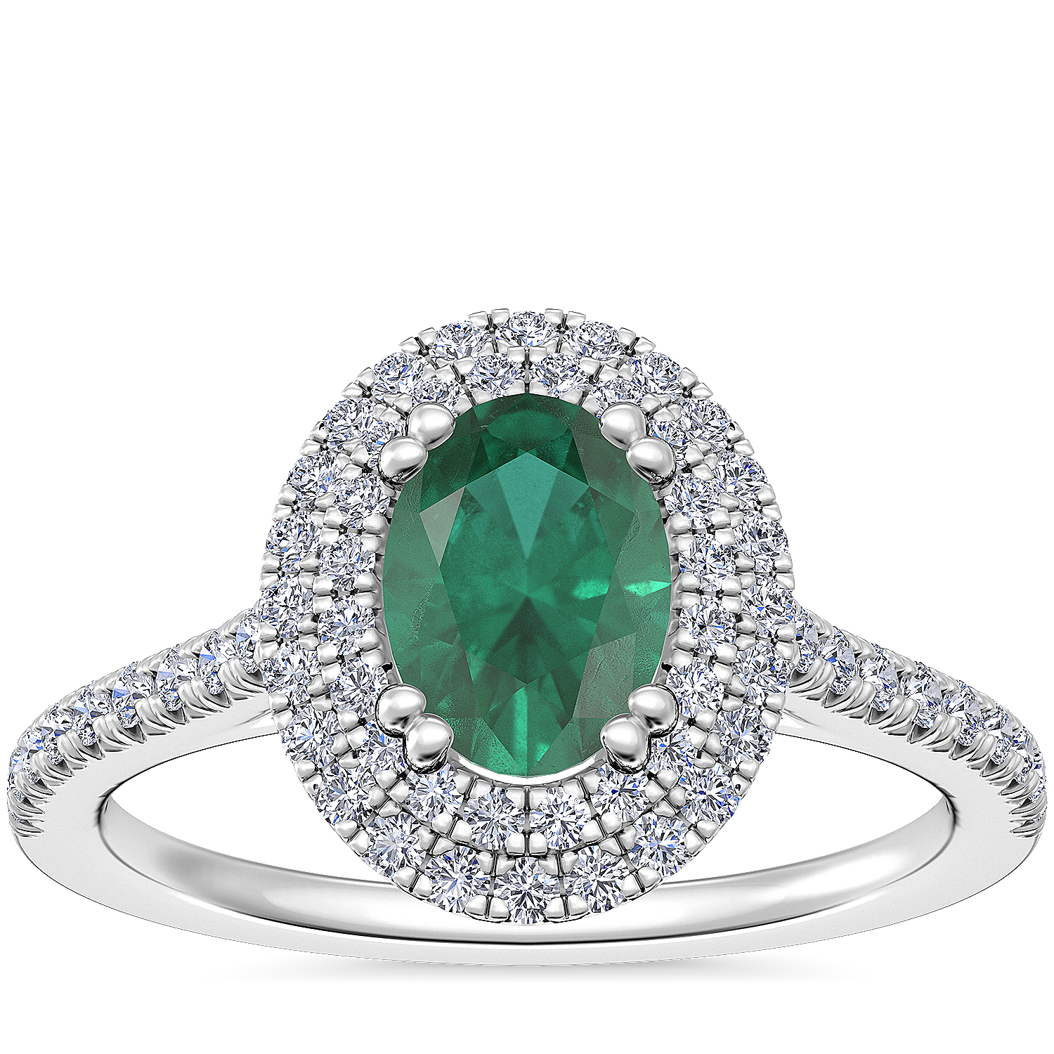 Micropave Double Halo Diamond Engagement Ring with Oval Emerald in Platinum (7x5mm)