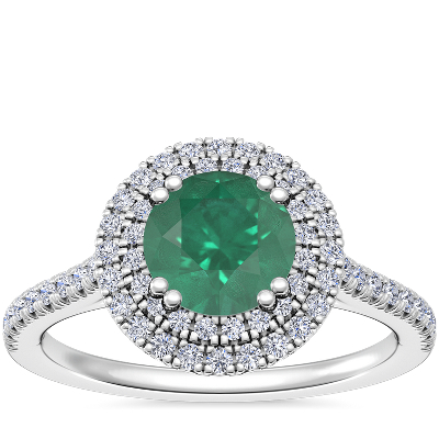Micropave Double Halo Diamond Engagement Ring with Round Emerald in ...