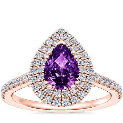 Micropavé Double Halo Diamond Engagement Ring With Pear Shaped Amethyst In 18k Rose Gold 7x5mm 8685