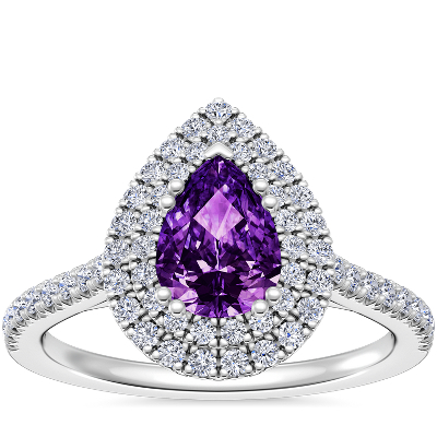 Micropavé Double Halo Diamond Engagement Ring with Pear-Shaped Amethyst ...