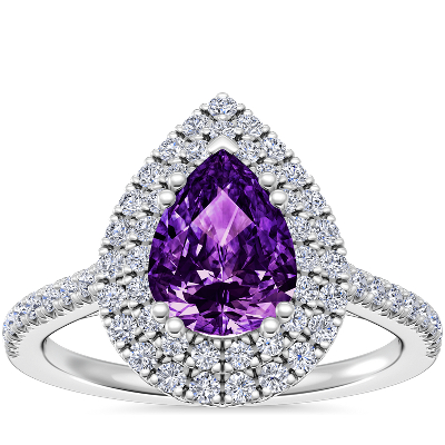 Micropavé Double Halo Diamond Engagement Ring with Pear-Shaped Amethyst ...