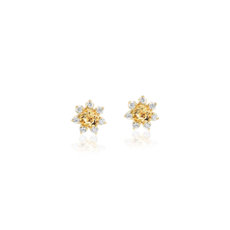 Aretes pequeños con cuarzo citrino y halo de diamantes en forma de pétalo en oro amarillo de 14 k