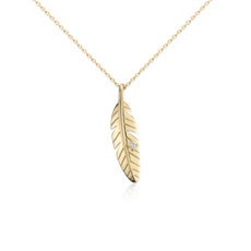Mini Feather Diamond Pendant in 14k Yellow Gold