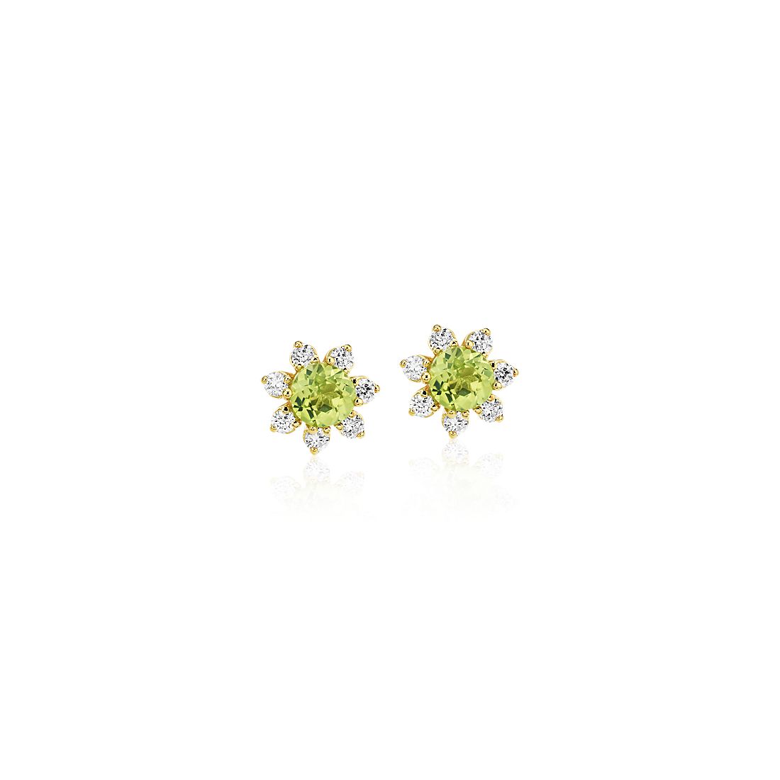 14k 金花朵型钻石光环迷你橄榄石耳环（3.5 毫米）