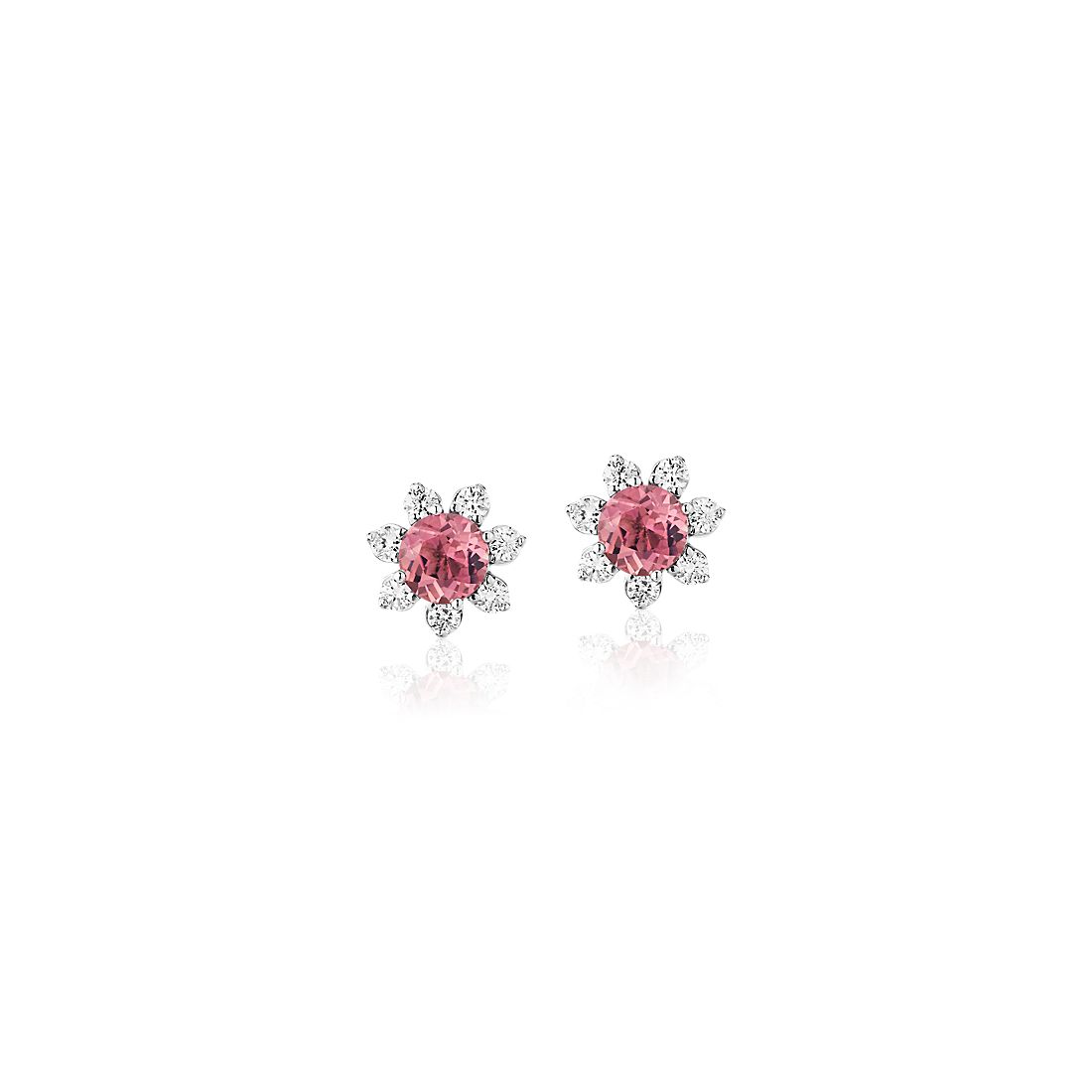 Petites boucles d’oreilles tourmaline rose avec halo de diamants floral en or blanc 14 carats(3,5 mm)