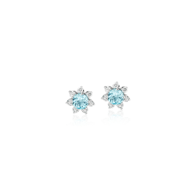 Mini Swiss Topaz Earrings with Diamond Blossom Halo in 14k White Gold ...