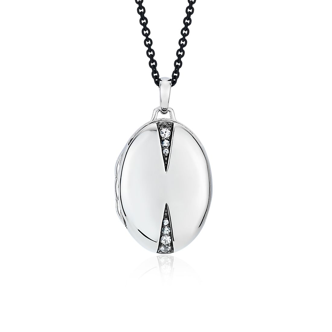 Monica Rich Kosann Locket with White Sapphire Accents in Sterling Silver with Black Steel Chain (32")