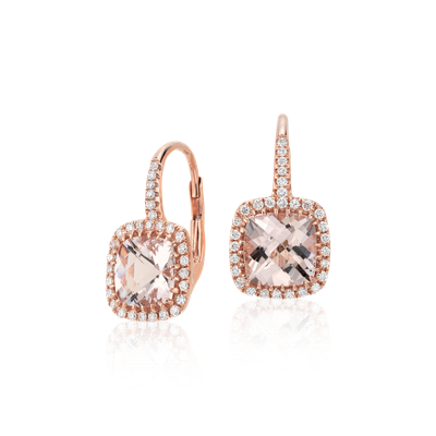 Morganite and Diamond Cushion Drop Earrings in 14k Rose Gold (7x7mm) | Blue Nile