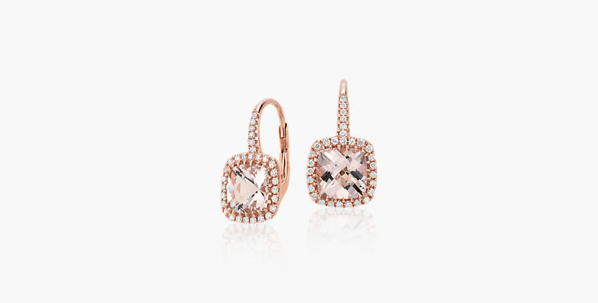 Cushion cut morganite gemstones featured in rose gold drop earrings
