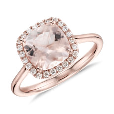 Bague halo diamant et morganite taille coussin en or rose 14 carats(8 x 8 mm)