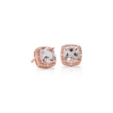 Puces d’oreilles halo de diamants et morganite en or rose 14 carats(6 mm)