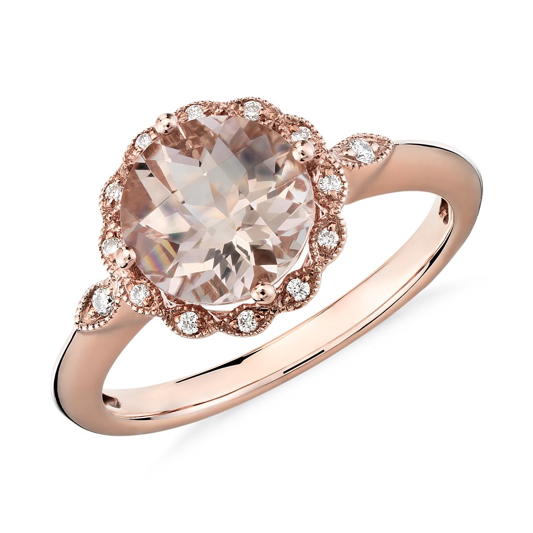 Morganite and Diamond Milgrain Halo Ring in 14k Rose Gold Morganite and Diamond Milgrain Halo Ring in 14k Rose Gold