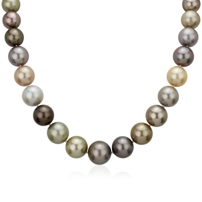 12-15mm Multi-Color Tahitian Pearl Strand Necklace with Diamond Clasp ...