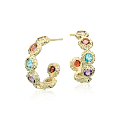 Multi-Gemstone Confetti Huggie Hoop Earrings in 14k Yellow Gold