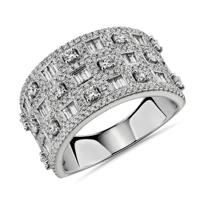 Multi-Row Round and Baguette Diamond Fashion Ring in 14k White Gold (1 ...