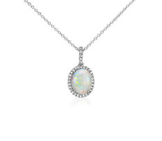 Opal and Diamond Pendant in 14k White Gold (10x8mm)