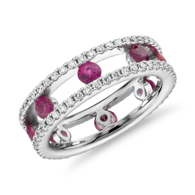 Open Trio Diamond and Ruby Eternity Ring in 18k White Gold (3/4 ct. tw