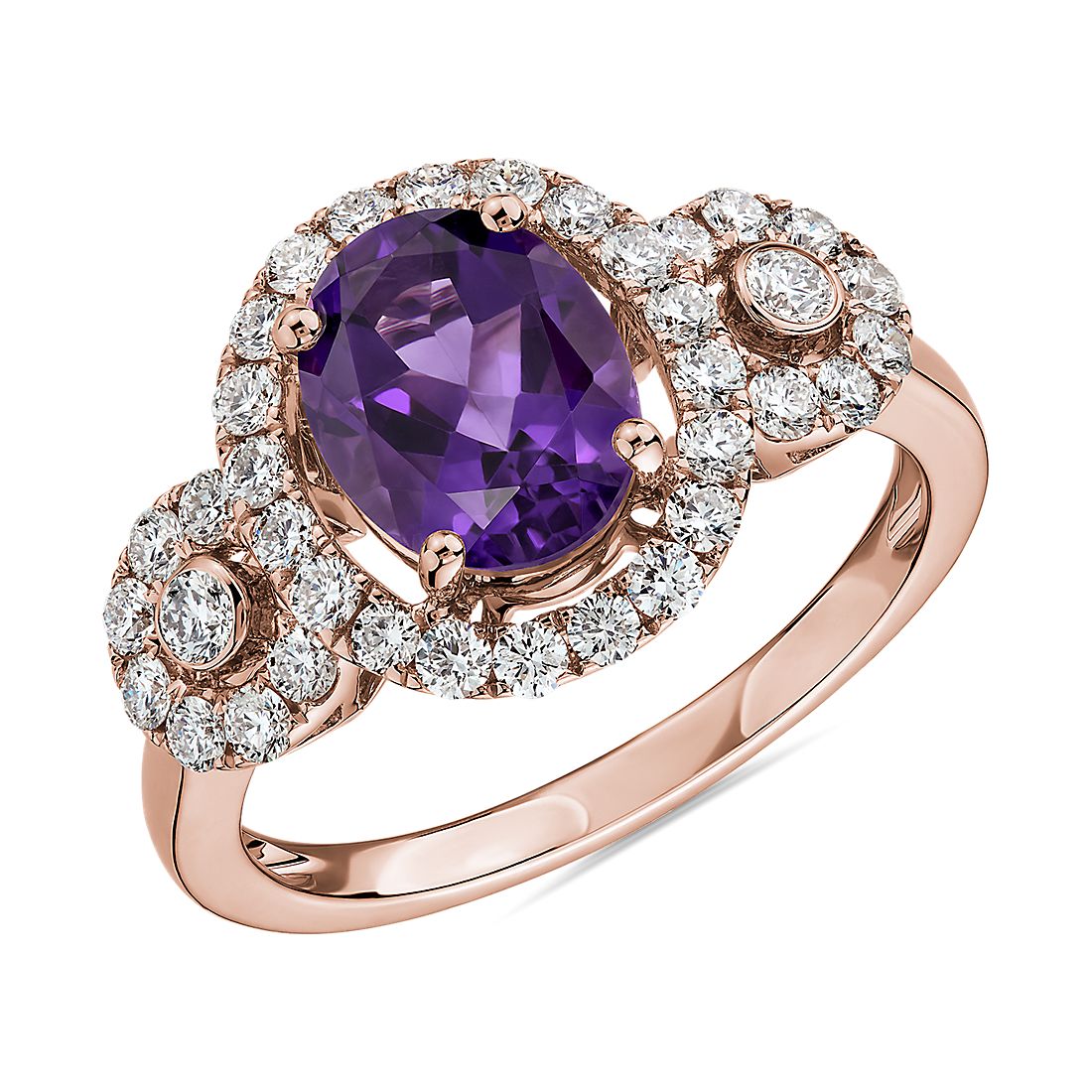 14k 玫瑰金橢圓形紫水晶戒指搭鑽石