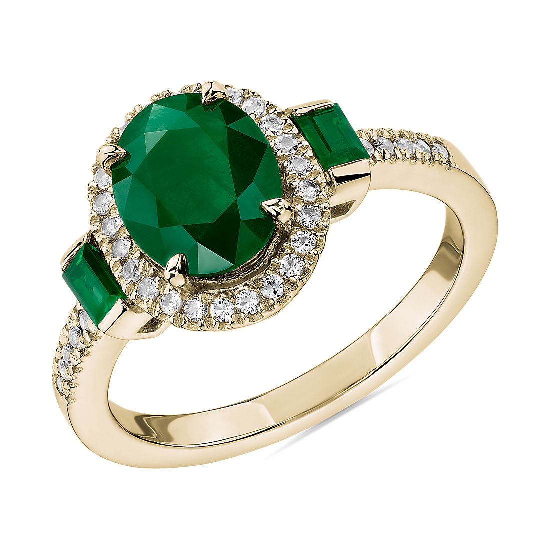 Oval and Baguette Emerald Ring in 14k Yellow Gold