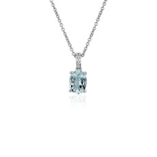 14k 白金椭圆形海蓝宝石钻石吊坠（8x6 毫米）