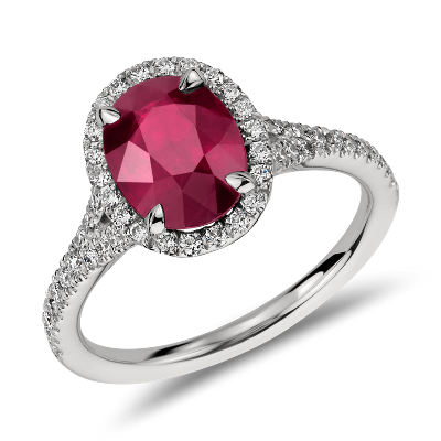 Oval Ruby and Diamond Halo Ring in Platinum | Blue Nile