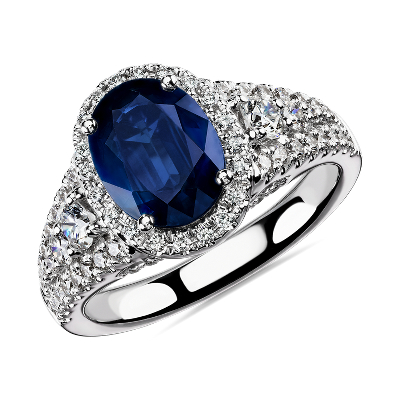 Bague Diamant Et Saphir Bleu Ovale En Or Blanc 14 Carats Blue Nile