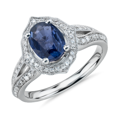 Oval Sapphire Split Shank Engagement Ring With Diamond Halo In 14k White Gold 8x6mm Blue Nile