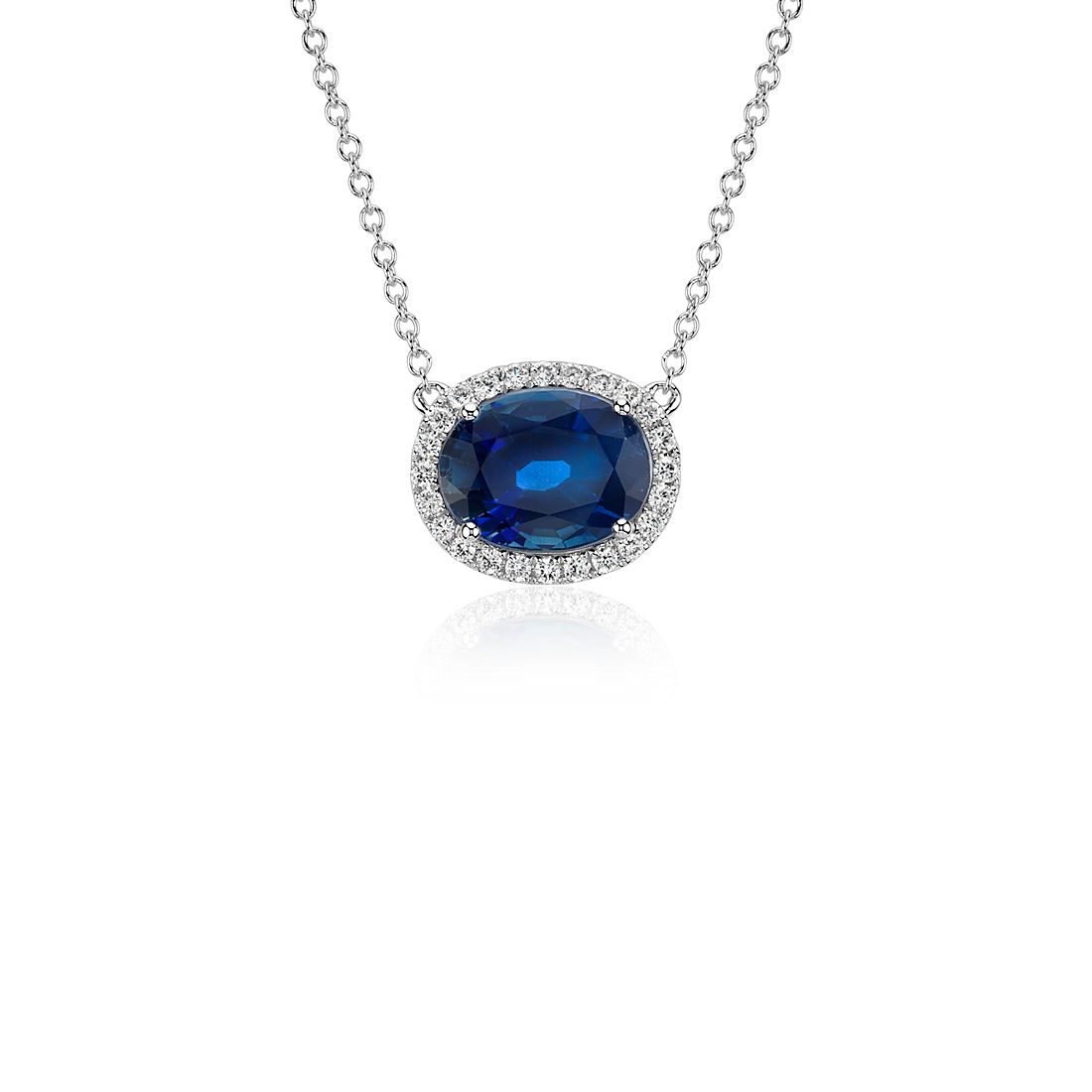 Oval Sapphire and Diamond Halo Floating Pendant in 18k White Gold (10x8mm)