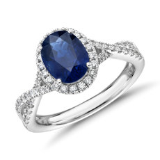 Oval Sapphire and Diamond Halo Twist Ring in 14k White Gold (8x6mm)