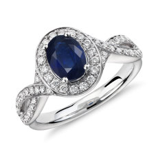 Oval Sapphire and Diamond Halo Twist Ring in 14k White Gold