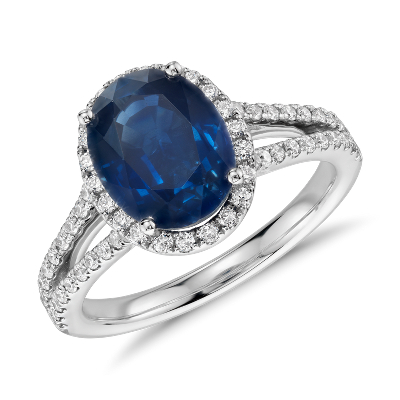 Oval Sapphire And Diamond Halo Split Shank Ring In 18k White Gold