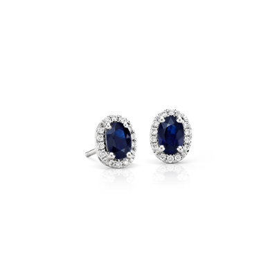 Oval Sapphire and Diamond Halo Stud Earrings in 18k White Gold (6x4mm ...