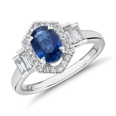 Oval Sapphire Ring with Diamond Hexagon Halo and Baguette Sidestones in ...