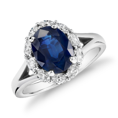 Oval Sapphire Ring with Oval Diamond Halo in Platinum