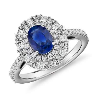 Oval Sapphire Ring With Double Diamond Halo In 14k White Gold
