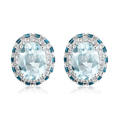 Oval Sky Blue Topaz Earrings with London Blue and White Topaz Halo in ...