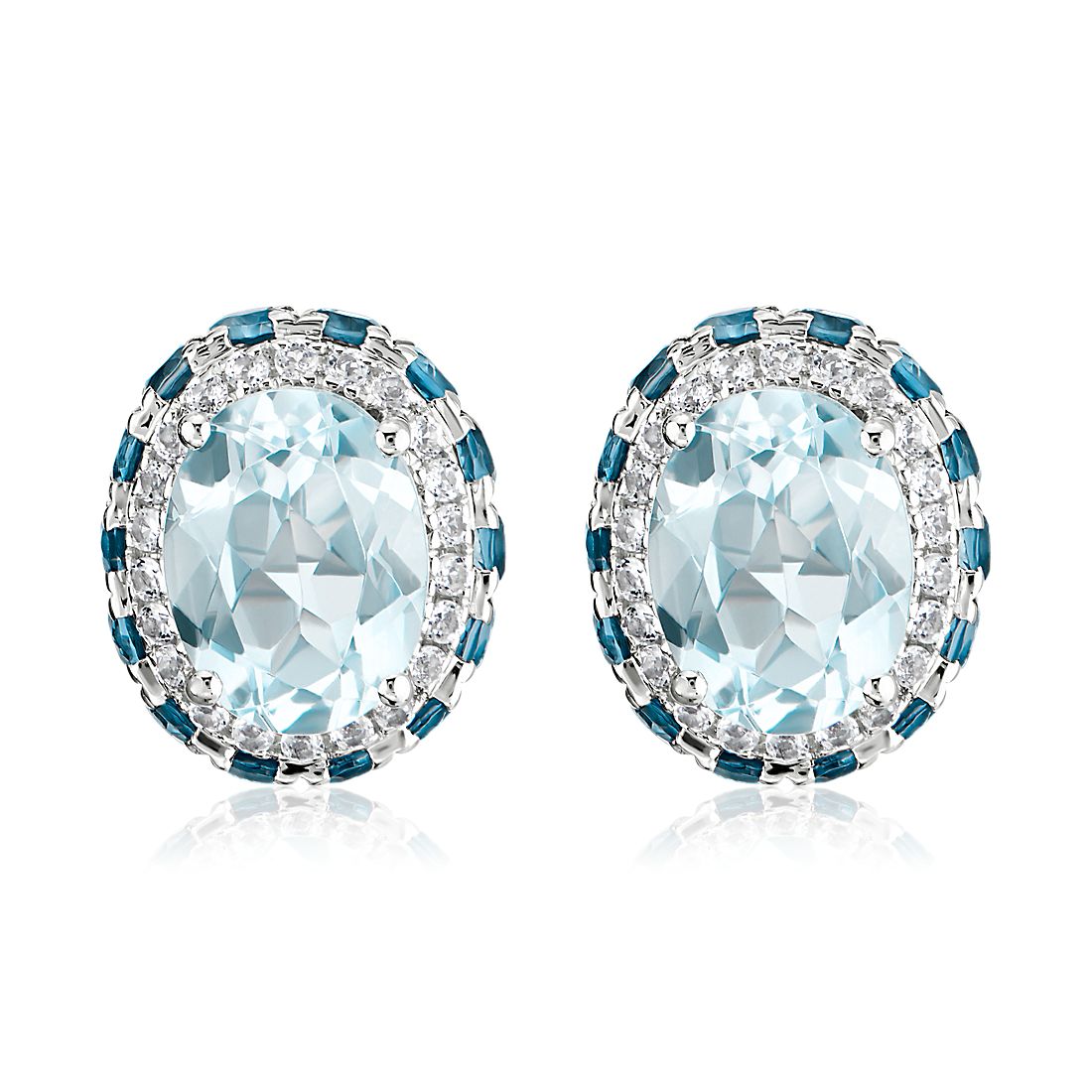 Oval Sky Blue Topaz Earrings with London Blue and White Topaz Halo in