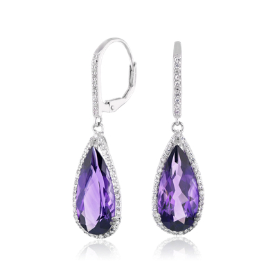 Pear-Shaped Amethyst Drop Earrings with White Topaz Halo in Sterling ...