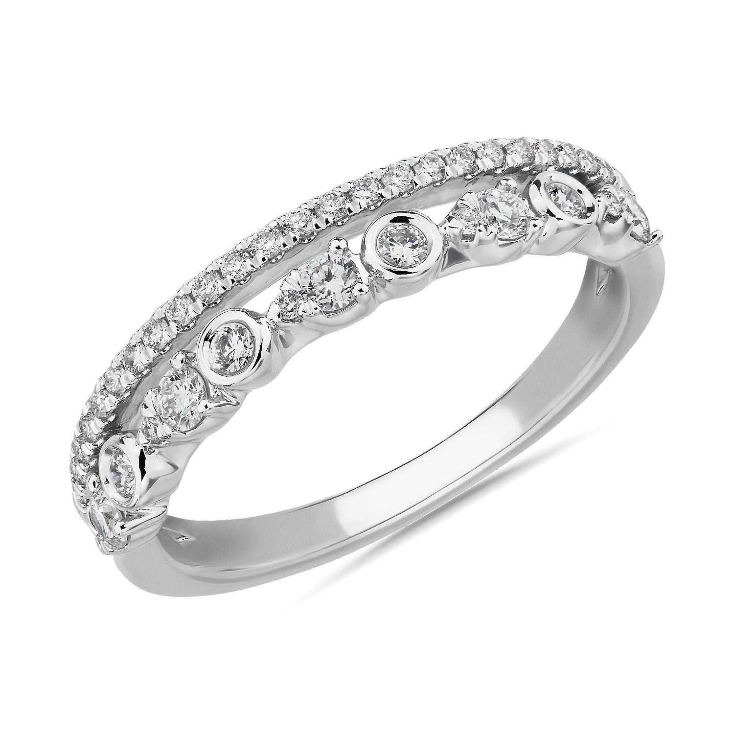Alternating Bezel & Prong Set Round Diamond Band with Pave Accent