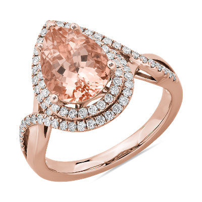 Pear Cut Morganite Ring With Double Diamond Halo In 14k Rose Gold