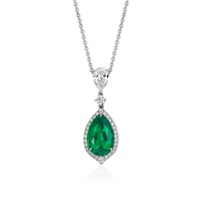 Pear-Shape Emerald and Pavé Halo Diamond Drop Pendant in 18k White Gold ...