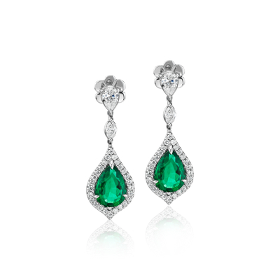 Elegant Pear-Shaped Emerald and Diamond Drop Earrings in 18k White Gold ...