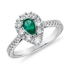 14k 白金梨形綠寶石搭鑽石光環戒指（6x4 毫米）